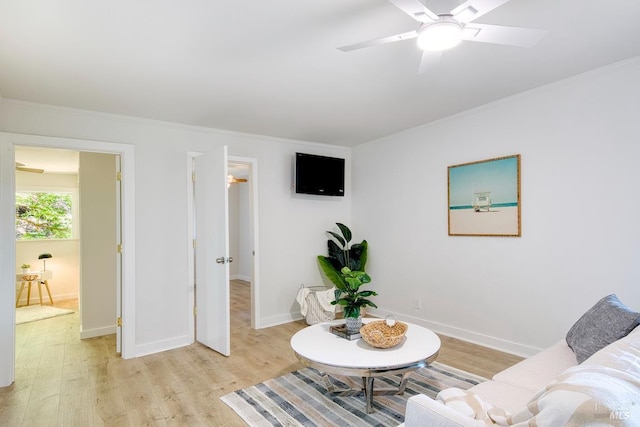 76 Oak Springs Dr, San Anselmo, CA 94960 - living room with light wood-type flooring, crown molding, and ceiling fan