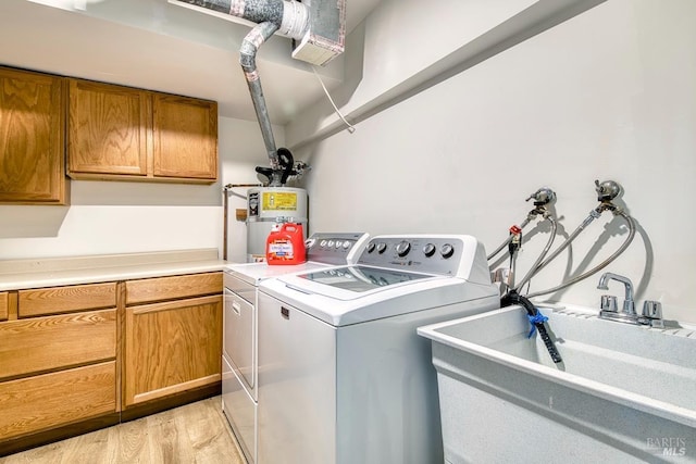 76 Oak Springs Dr, San Anselmo, CA 94960 - washroom with cabinet space, washing machine and dryer, light wood finished floors, and secured water heater