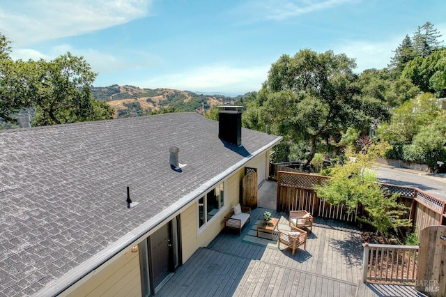 76 Oak Springs Dr, San Anselmo, CA 94960 - wooden terrace with a mountain view and an outdoor hangout area