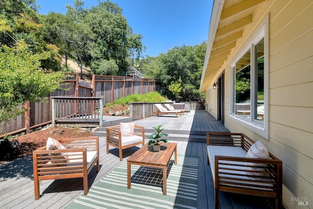 76 Oak Springs Dr, San Anselmo, CA 94960 - wooden deck with an outdoor living space and a fenced backyard