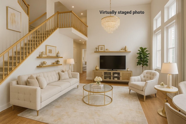 6 SE Tahoe View Ct, Sacramento, CA 95835 - living room with a high ceiling, wood finished floors, stairs, a chandelier, and recessed lighting
