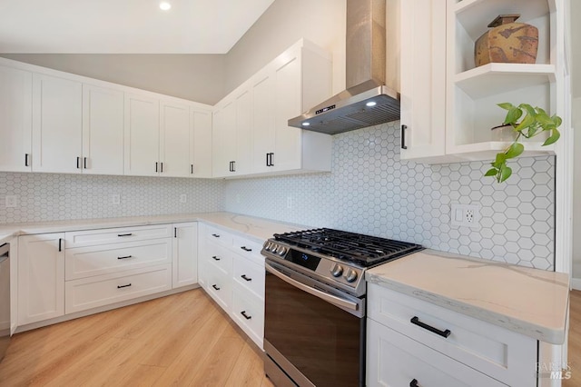 5648 Ver Ni Rd, Sebastopol, CA 95472 - kitchen featuring wall chimney exhaust hood, appliances with stainless steel finishes, open shelves, light wood finished floors, and light stone countertops