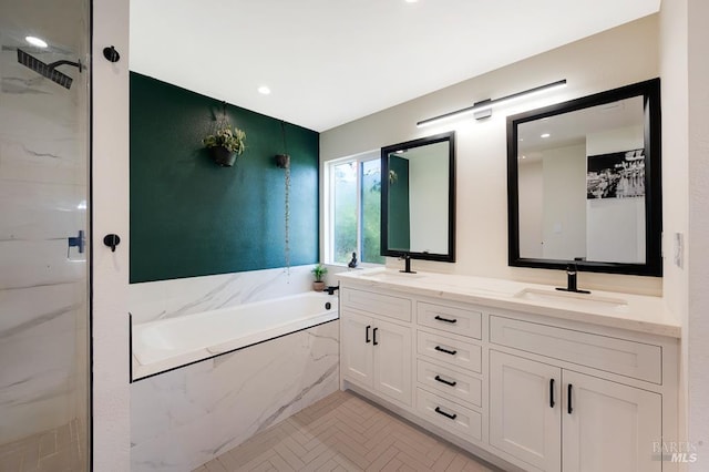 5648 Ver Ni Rd, Sebastopol, CA 95472 - full bathroom featuring a garden tub, double vanity, a marble finish shower, and recessed lighting
