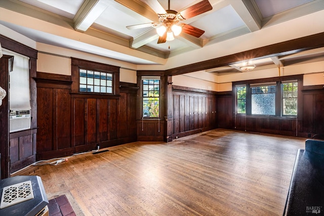 1034 Capitol St, Vallejo, CA 94590 - entrance foyer with wood finished floors, coffered ceiling, beamed ceiling, a ceiling fan, and wainscoting