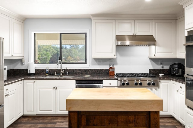 875 White Cottage Rd N, Angwin, CA 94508 - kitchen with appliances with stainless steel finishes, under cabinet range hood, dark wood-style flooring, and white cabinetry