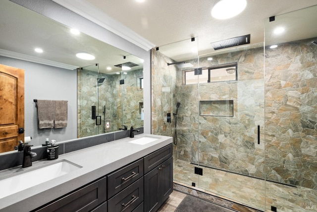 875 White Cottage Rd N, Angwin, CA 94508 - full bathroom with crown molding, double vanity, a marble finish shower, and recessed lighting