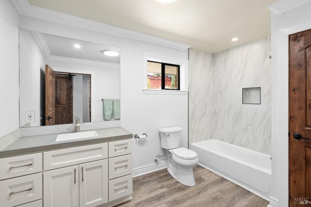 875 White Cottage Rd N, Angwin, CA 94508 - bathroom featuring vanity, ornamental molding, wood finished floors, tub / shower combination, and recessed lighting