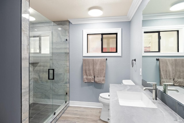 875 White Cottage Rd N, Angwin, CA 94508 - full bathroom with crown molding, a shower stall, vanity, and wood finished floors