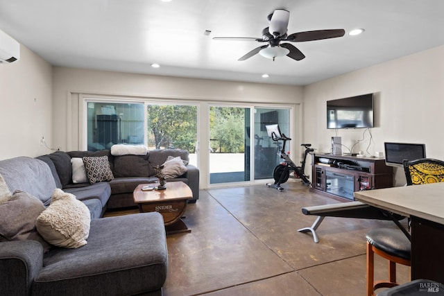875 White Cottage Rd N, Angwin, CA 94508 - living area featuring concrete flooring, recessed lighting, a ceiling fan, and a wall mounted AC