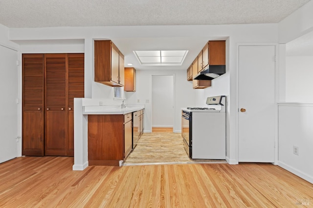 437 Ely Blvd S, Petaluma, CA 94954 - kitchen featuring range with gas cooktop, under cabinet range hood, light countertops, light wood-style flooring, and brown cabinets