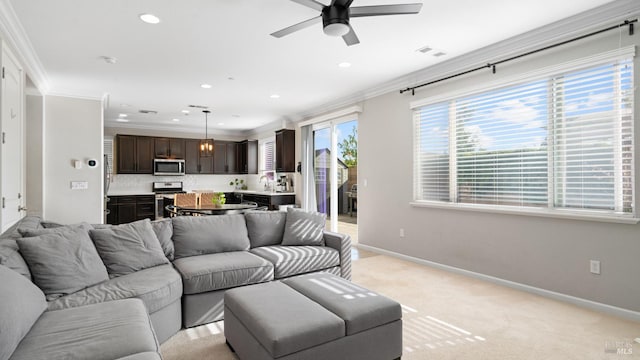 5041 Soprano Cir, Fairfield, CA 94534 - living area with crown molding, ceiling fan, recessed lighting, and light carpet