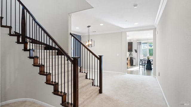 5041 Soprano Cir, Fairfield, CA 94534 - staircase featuring a chandelier, crown molding, carpet, and recessed lighting