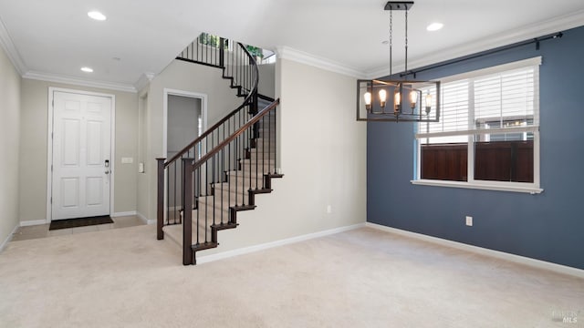 5041 Soprano Cir, Fairfield, CA 94534 - foyer featuring stairway, a chandelier, carpet, crown molding, and recessed lighting