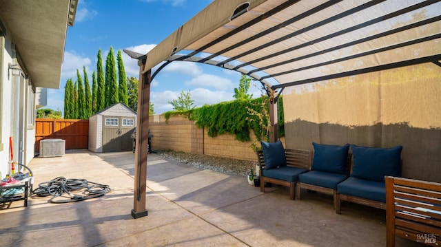 5041 Soprano Cir, Fairfield, CA 94534 - fenced backyard featuring an outdoor hangout area, a patio, a storage shed, and a pergola