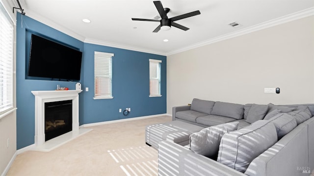 5041 Soprano Cir, Fairfield, CA 94534 - living room with carpet, ornamental molding, a ceiling fan, a fireplace with raised hearth, and recessed lighting