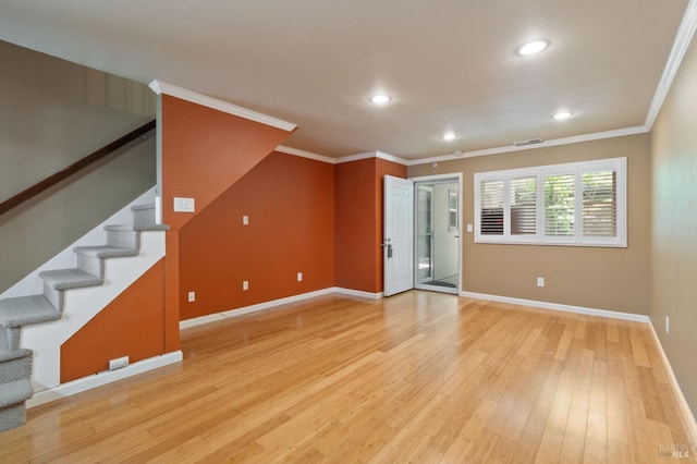171 Nautical Ct, Vallejo, CA 94574 - unfurnished living room with ornamental molding, recessed lighting, stairway, and light wood-style floors
