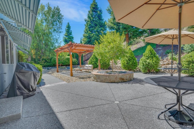 494 Mccall Dr, Benicia, CA 94510 - view of patio / terrace featuring a pergola, a fire pit, and grilling area