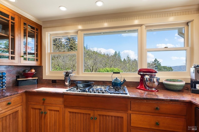 1300 Ink Grade Rd, Pope Valley, CA 94567 - kitchen featuring stainless steel gas stovetop, brown cabinetry, and dark stone counters