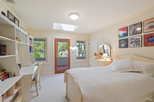 1300 Ink Grade Rd, Pope Valley, CA 94567 - bedroom featuring a skylight, light colored carpet, access to outside, and crown molding