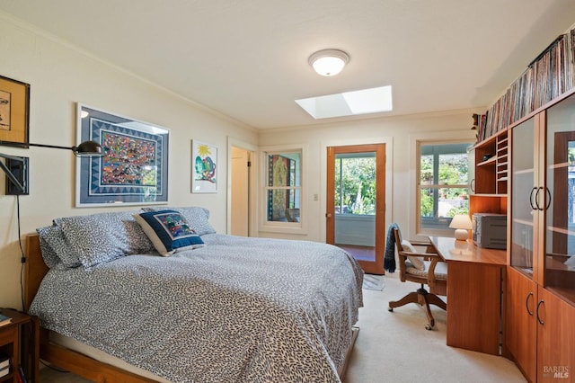 1300 Ink Grade Rd, Pope Valley, CA 94567 - bedroom with a skylight, access to exterior, light carpet, ornamental molding, and an office area