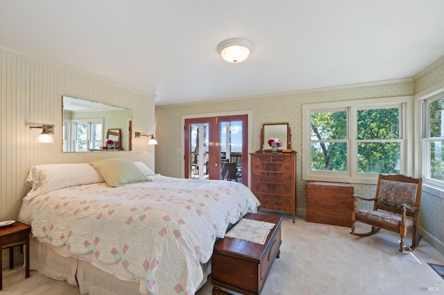 1300 Ink Grade Rd, Pope Valley, CA 94567 - bedroom with crown molding, french doors, carpet, access to outside, and wallpapered walls