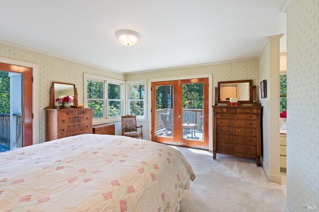 1300 Ink Grade Rd, Pope Valley, CA 94567 - bedroom featuring crown molding, wallpapered walls, french doors, access to exterior, and carpet