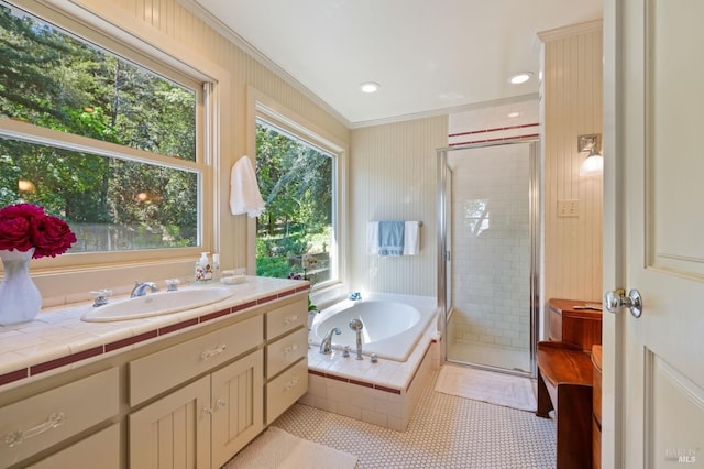 1300 Ink Grade Rd, Pope Valley, CA 94567 - bathroom featuring a garden tub, a stall shower, crown molding, vanity, and tile patterned flooring