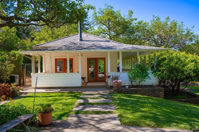 1300 Ink Grade Rd, Pope Valley, CA 94567 - view of front of house featuring a front yard, french doors, and a shingled roof