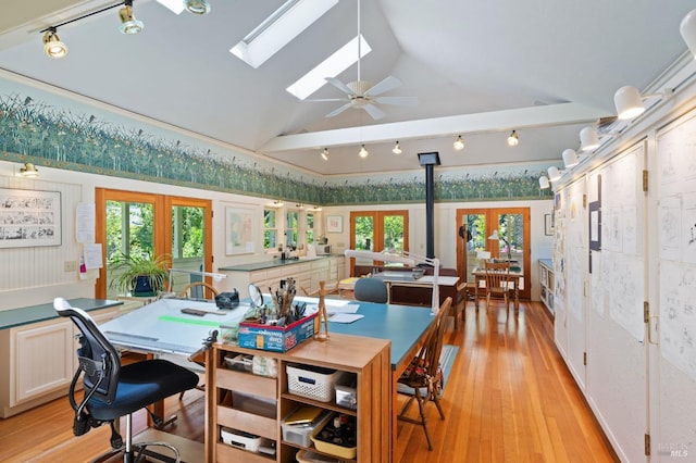 1300 Ink Grade Rd, Pope Valley, CA 94567 - dining space with french doors, track lighting, lofted ceiling, light wood-style floors, and ceiling fan
