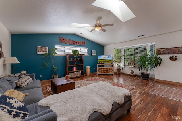 1851 Daniel Way, Redwood Valley, CA 95470 - living room featuring a skylight, wood finished floors, a ceiling fan, and vaulted ceiling