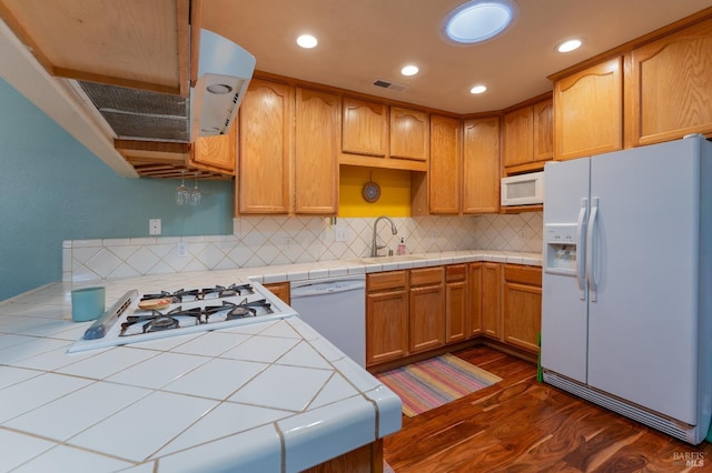 1851 Daniel Way, Redwood Valley, CA 95470 - kitchen with white appliances, dark wood-type flooring, backsplash, recessed lighting, and tile countertops
