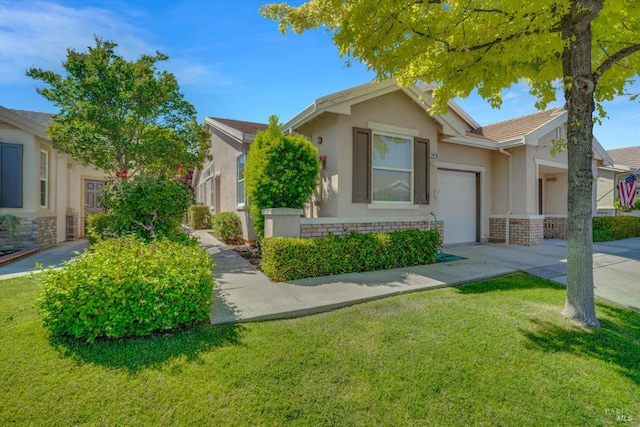 1476 Bismarck Ln, Brentwood, CA 94513 - view of front of home featuring stucco siding, an attached garage, concrete driveway, a front lawn, and brick siding