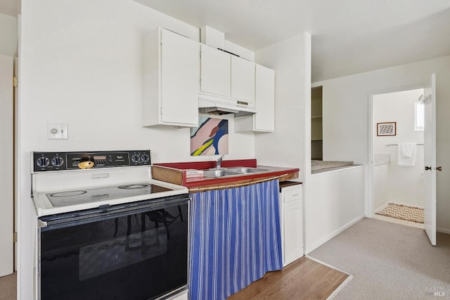 160 3rd St, Point Reyes Station, CA 94956 - kitchen with electric range, under cabinet range hood, white cabinetry, and light colored carpet