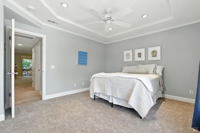4 Cielo Ln Unit 3E, Novato, CA 94949 - bedroom featuring carpet flooring, recessed lighting, ceiling fan, a tray ceiling, and ornamental molding