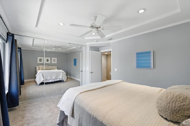4 Cielo Ln Unit 3E, Novato, CA 94949 - bedroom featuring recessed lighting, carpet, a raised ceiling, crown molding, and a closet