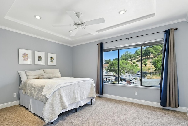 4 Cielo Ln Unit 3E, Novato, CA 94949 - bedroom featuring recessed lighting, light colored carpet, crown molding, a tray ceiling, and ceiling fan