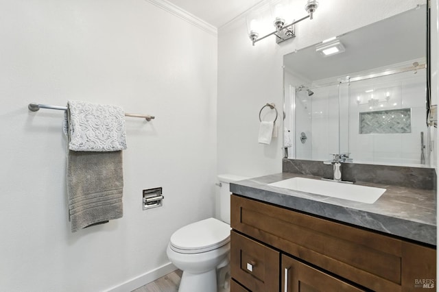 4 Cielo Ln Unit 3E, Novato, CA 94949 - full bath with crown molding, vanity, a stall shower, and wood finished floors