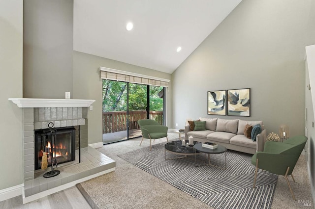 4 Cielo Ln Unit 3E, Novato, CA 94949 - living area featuring high vaulted ceiling, a fireplace, and recessed lighting
