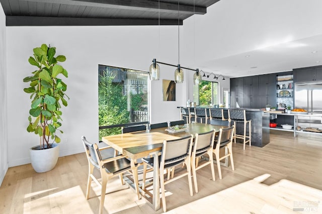1325 Crestmont Dr, Angwin, CA 94508 - dining space with light wood-style floors and beamed ceiling