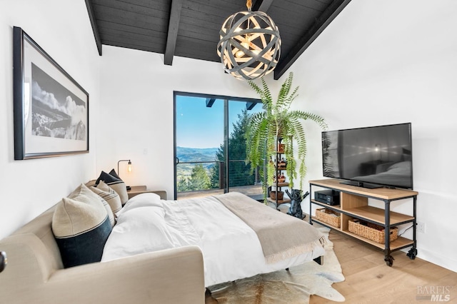 1325 Crestmont Dr, Angwin, CA 94508 - bedroom with a chandelier, wood finished floors, and wooden ceiling