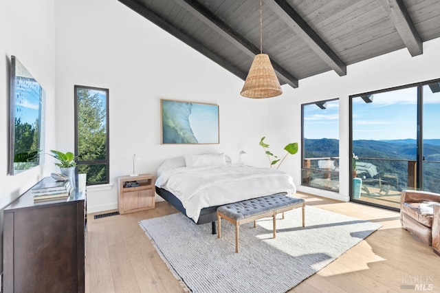 1325 Crestmont Dr, Angwin, CA 94508 - bedroom with a mountain view, access to exterior, light wood-style flooring, high vaulted ceiling, and a wooden ceiling with exposed beams