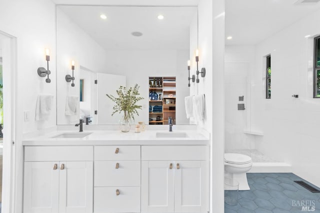 1325 Crestmont Dr, Angwin, CA 94508 - bathroom featuring tile patterned floors, a tile shower, double vanity, and recessed lighting