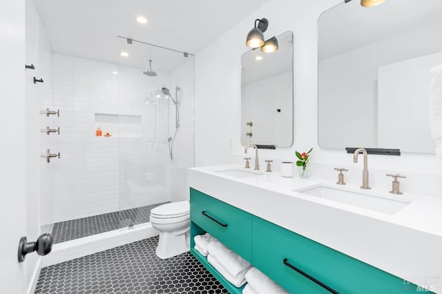 1325 Crestmont Dr, Angwin, CA 94508 - bathroom featuring a stall shower, double vanity, recessed lighting, and tile patterned flooring