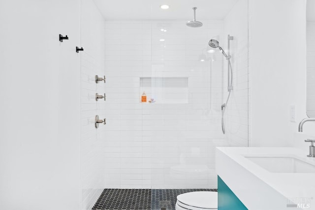 1325 Crestmont Dr, Angwin, CA 94508 - bathroom with vanity, tiled shower, and recessed lighting