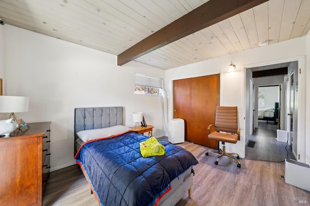 15 Montecito Dr, Corte Madera, CA 94925 - bedroom with wood finished floors, a wooden ceiling with exposed beams, and a closet