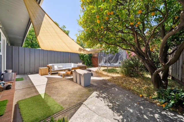 15 Montecito Dr, Corte Madera, CA 94925 - fenced backyard featuring a trampoline, a patio, and an outdoor hangout area