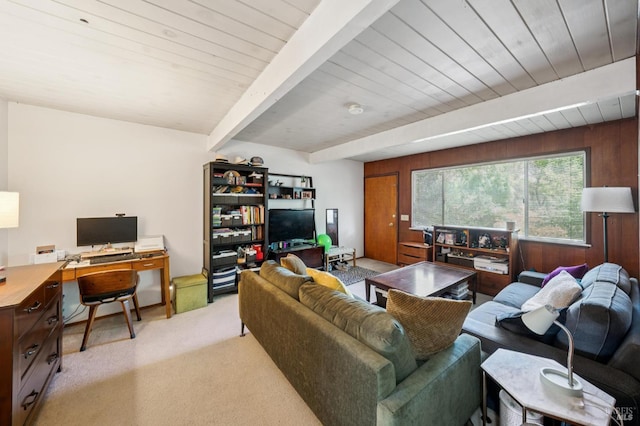 15 Montecito Dr, Corte Madera, CA 94925 - living area featuring an office area, light colored carpet, beamed ceiling, and wooden walls
