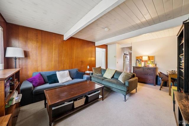 15 Montecito Dr, Corte Madera, CA 94925 - living room featuring wood walls, light colored carpet, and a wood ceiling with exposed beams