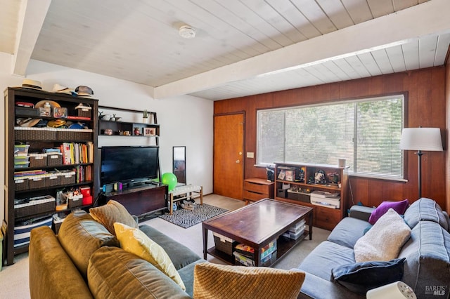 15 Montecito Dr, Corte Madera, CA 94925 - living area with carpet flooring, wooden walls, and a wooden ceiling with exposed beams