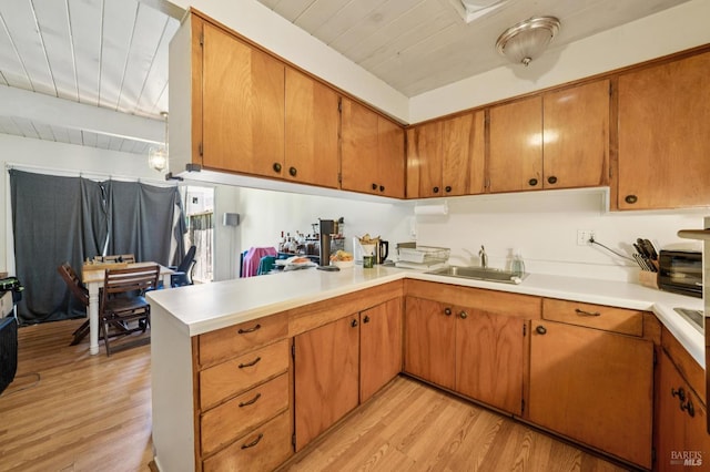 15 Montecito Dr, Corte Madera, CA 94925 - kitchen with light wood-style flooring, wood ceiling, a peninsula, light countertops, and brown cabinetry